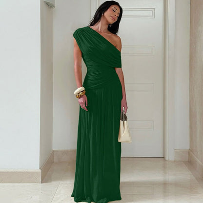 Women Clothing Spring Arrival Fashionable Sexy Diagonal Collar Pleated Asymmetrical Solid Color Dress  DestGlow