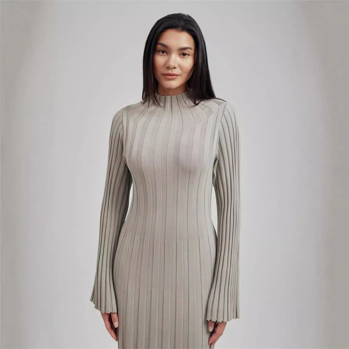 Autumn Winter Knitted Dress Casual Waist Tight round Neck Large Pit High Collar Slimming Knitted Maxi Dress for Women  DestGlow