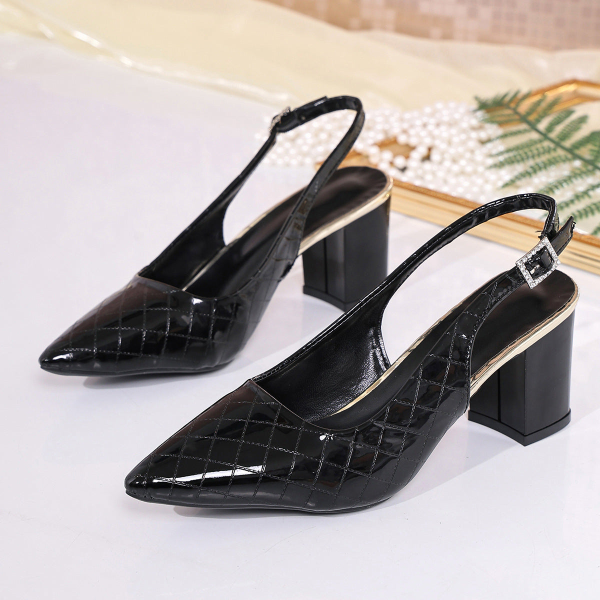 Summer Retro Pointed Office Sexy High Heel Toe Box Women Sandals Plaid Chunky Heel  DestGlow