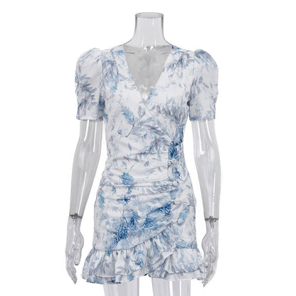 Printed Dress Women Summer V neck Short Sleeve Ruffled Waist Tight Hip Dress by Ragazza