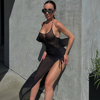 Women Clothing Summer Mesh Sexy See through Slit Slim Fitting Dress by Ragazza