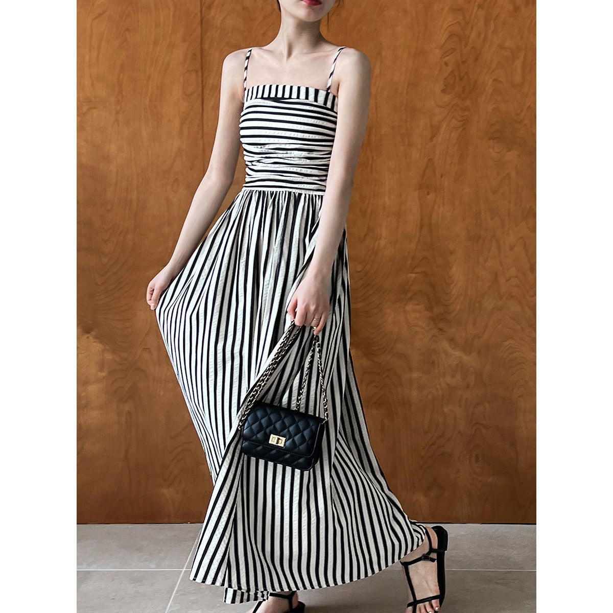 French Striped Bandeau Sling Dress Women High Grade off the Shoulder Pleated Waist Tight A line Long Summer by Ragazza