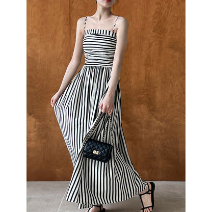French Striped Bandeau Sling Dress Women High Grade off the Shoulder Pleated Waist Tight A line Long Summer by Ragazza