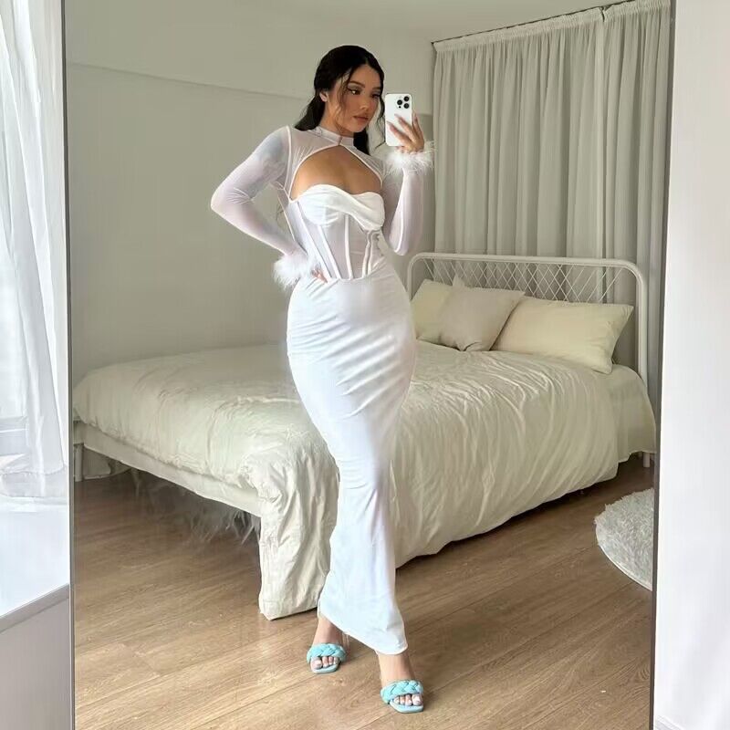 Fall Women Clothing Plush Mesh Stitching Night Club Hollow Out Cutout Dress Slim Fit Dress by Ragazza
