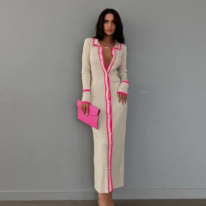 Slim Collared Patchwork Women Long Sleeved Cardigan Dress by Ragazza