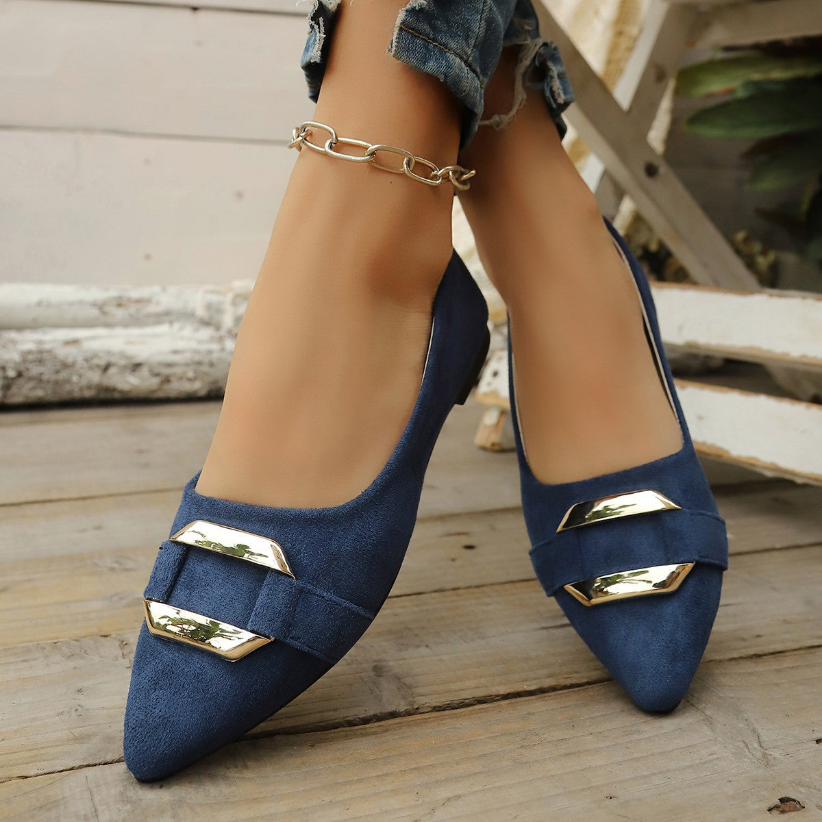 Shallow Mouth Suede Metal Buckle Flat Pumps Women Soft Bottom Office Work Gommino  DestGlow