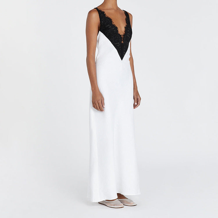 Stitching Design Lace Contrast Color Cami Dress Women Sexy Backless V neck Sleeveless Sheath Dress by Ragazza