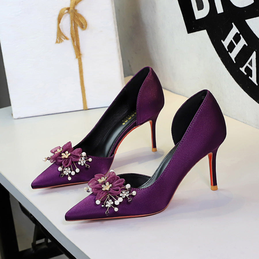 French Fengshui Diamond Floral Party Shoes Pointed Toe Side Empty Red Background Slip on Stiletto Satin Pumps  DestGlow