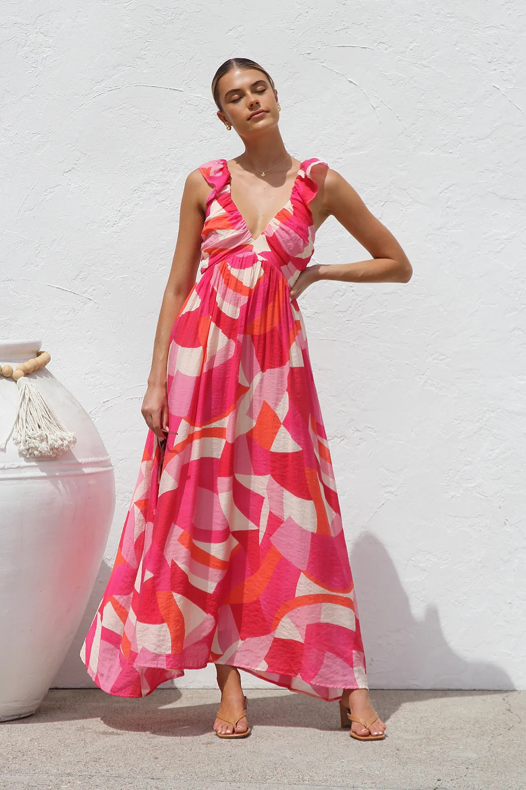 Summer Dress Same Printed V neck Large Swing Strap Dress Women by Ragazza