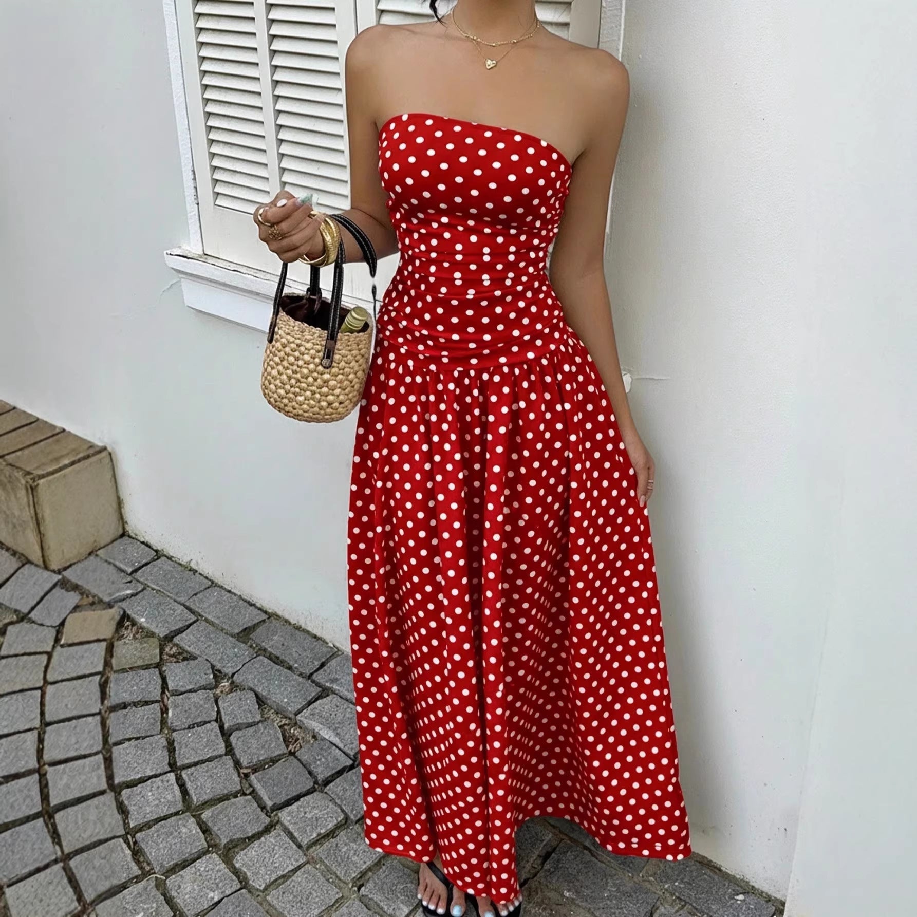 Spring Summer Sexy off the Shoulder Polka Dot A line Elegant Waist Slimming Dress Evening Dress by Ragazza
