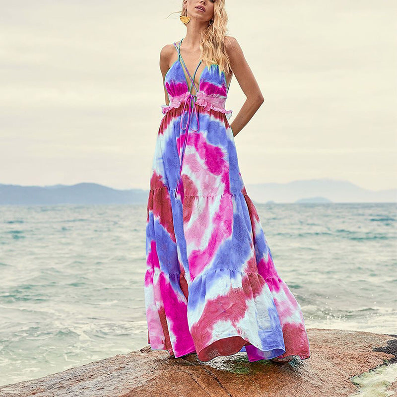 Spring Summer Tie Dye Gradient Slanted Stripe Horizontal Pattern Printing Slip Dress by Ragazza