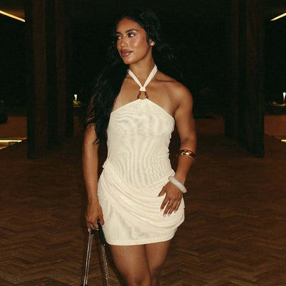 Summer Sexy Stitching Gauzy Package Hip Short Solid Color Street Halter Dress Women by Ragazza