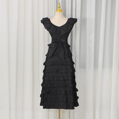 Summer Elegant Retro Flying Sleeves V neck Waist Controlled Slimming Solid Color Tiered Dress Women by Ragazza