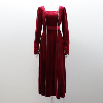 Autumn Winter Party Dress French Ladies Dress Korean Velvet Bell Sleeve Square Collar A line Dress Women by Ragazza