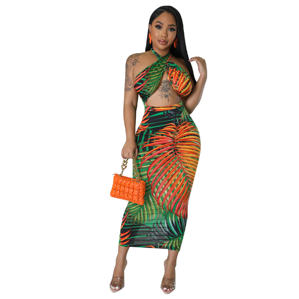 Women Clothing Sexy Sleeveless Lace up Backless Dress Split Printed Dress by Ragazza
