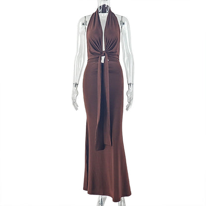 Women Clothing Fitted Waist Pleated Lace-up Hip Skirt Halter Sexy Backless Home Comfortable Maxi Dress by Ragazza