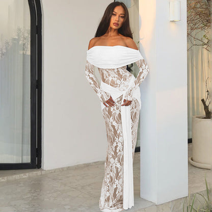 Women Clothing Autumn Elegant Lace Patchwork Maxi Dress off Shoulder Long Sleeve Tied Dress by Ragazza
