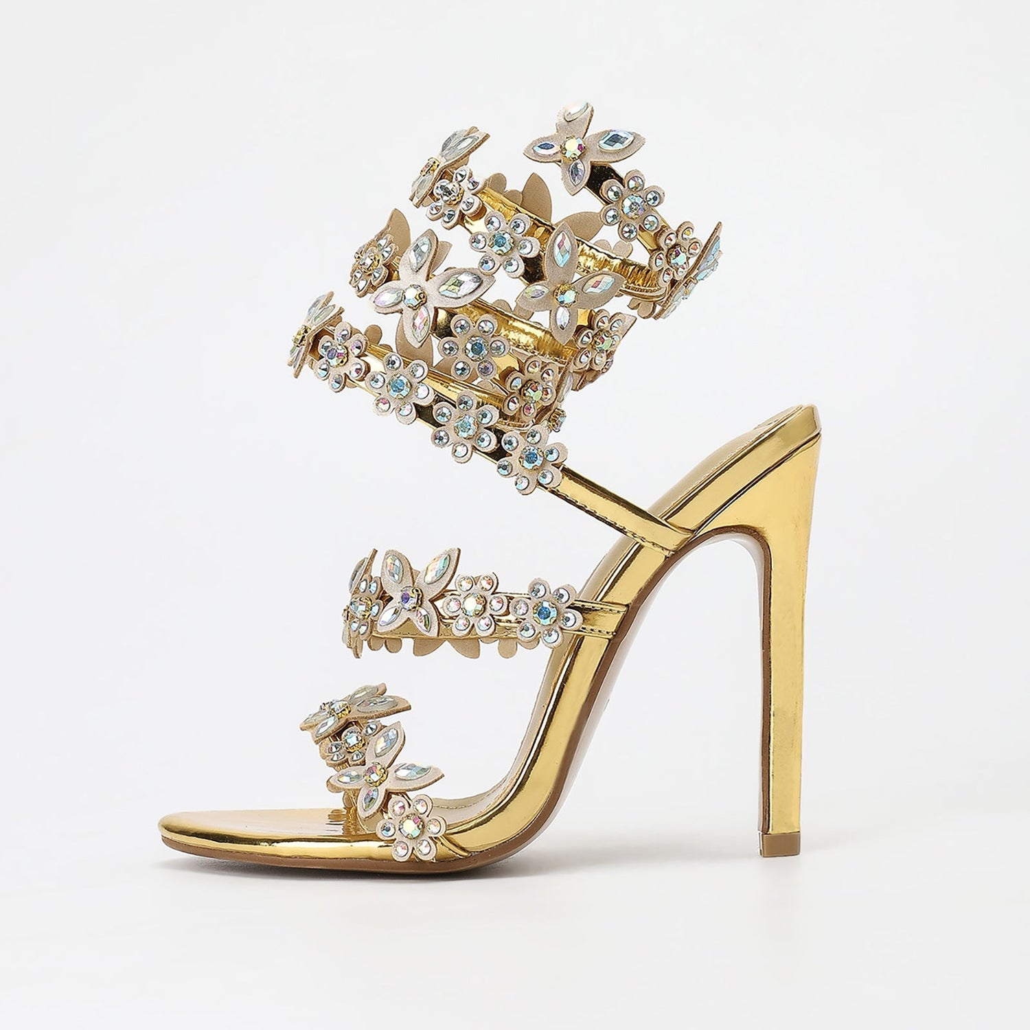 Gold Silver Color 11cm Stiletto round Toe Satin Floral Dream Color Rhinestones High Heel Sandals Summer Heels  DestGlow