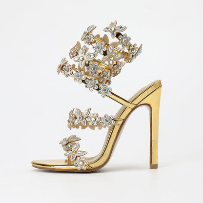 Gold Silver Color 11cm Stiletto round Toe Satin Floral Dream Color Rhinestones High Heel Sandals Summer Heels  DestGlow