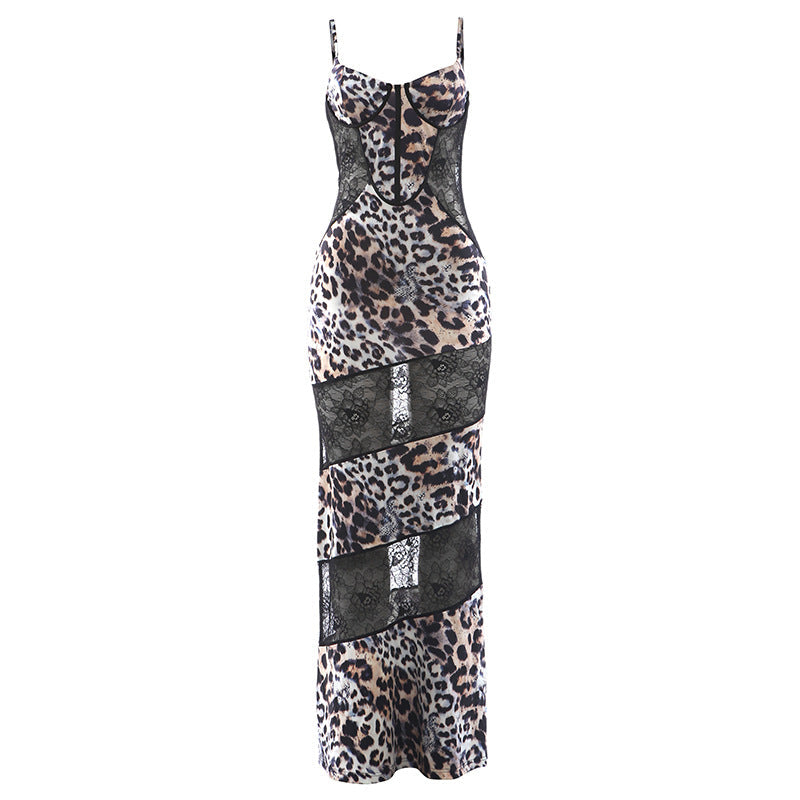 Spring Women Clothing Suspenders Leopard Print Lace Stitching Sexy See through Dress by Ragazza