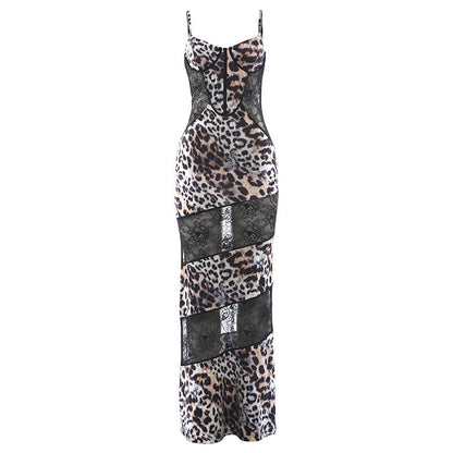 Spring Women Clothing Suspenders Leopard Print Lace Stitching Sexy See through Dress by Ragazza