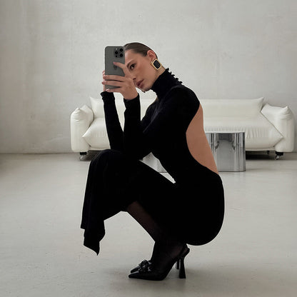Spring Elegant Black Sexy Backless Knitted Slim Fit Long Sleeved Turtleneck Dress for Women by Ragazza