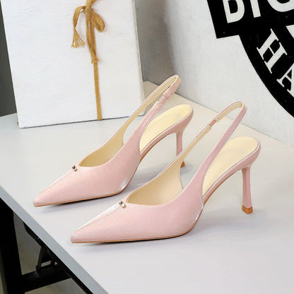 French Sweet Metal Decoration Pointed Toe Shallow Mouth V Buckle Back Empty Back Strap Stiletto Heel High Heels for Women