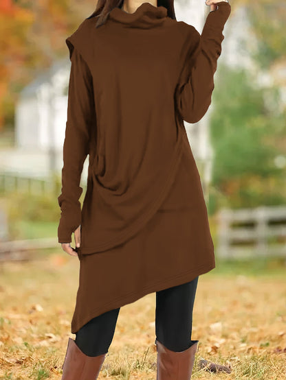 Autumn Winter Black High Collar Irregular Asymmetric Faux Two Piece Long-Sleeved Dress Women by Ragazza