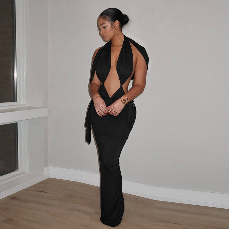 Women Clothing Spring Solid Color Sexy Pleated Hollow Out Cutout Backless Sleeveless Ribbon Maxi Dress by Ragazza