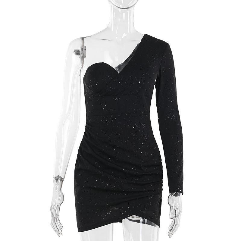 Autumn Sexy One Shoulder Long Sleeve Pleated Thin Glittering Sheath Dress Women by Ragazza