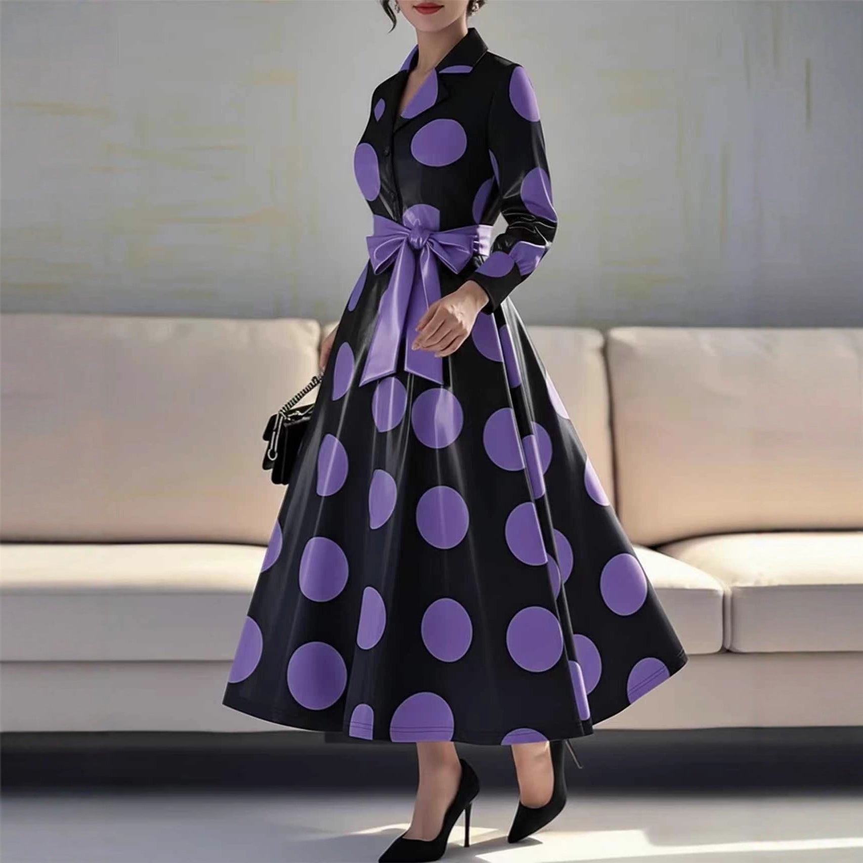 Women Clothing V neck Elegant Printed Waist Dignified Dress by Ragazza
