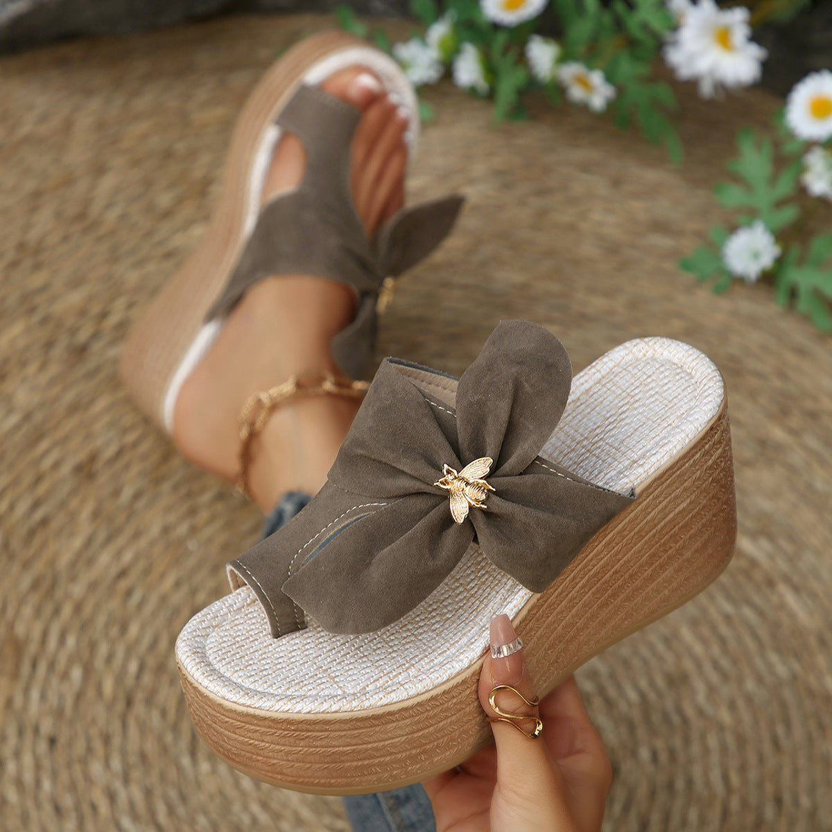 Metal Buckle Suede Toe Covering Wedge Slippers Women Bow Platform Muffin Beach Sandals  DestGlow