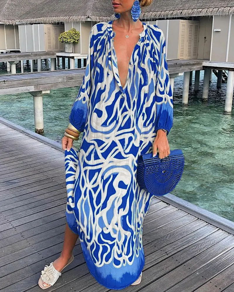 Fall Women Clothing Printed Pullover Long Sleeve Dress V neck Swing Loose Jumpsuit by Ragazza