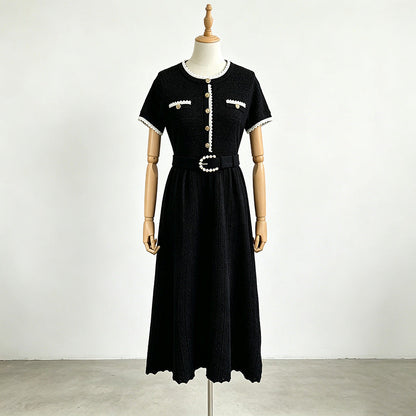 Maxi Dress Summer Elegant Socialite Retro Cinched Slimming Short Sleeves Knitted Dress for Women  DestGlow