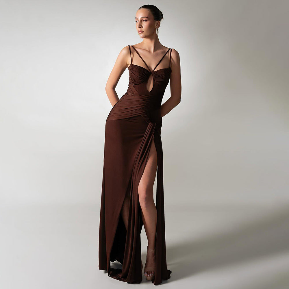 Dress Sexy Slim Fit Maxi Dress Backless Brown Pleating Ribbon Dress by Ragazza