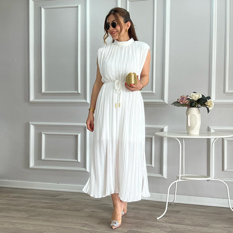Women Clothing Spring Summer Simple Half Turtleneck Waist-Controlled Lace up Mid Length Dress by Ragazza