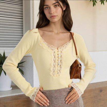 French Lace Collar Button Top Women Spring Autumn High Grade Knitted Bottoming Shirt by Ragazza