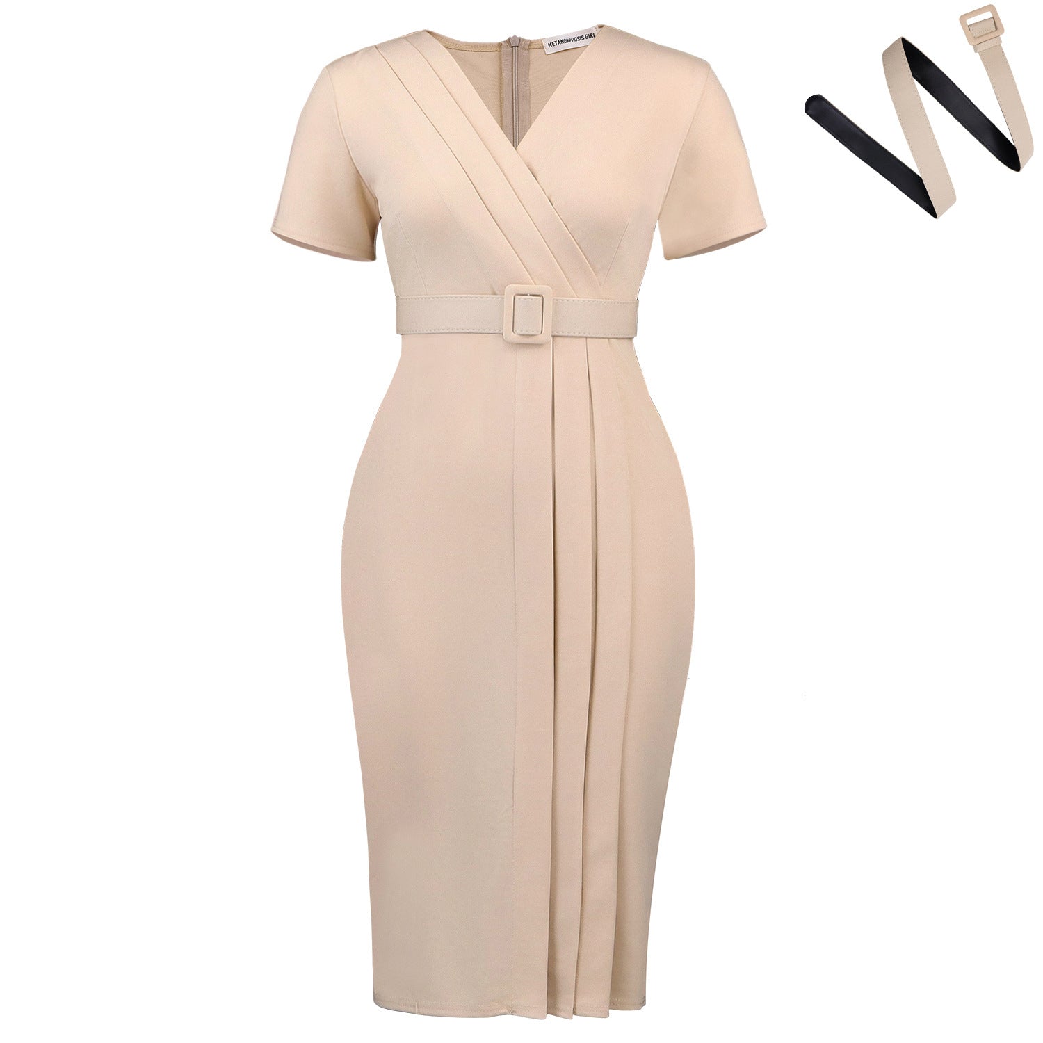 Women Clothing Summer Short Sleeved V neck Fashionable Elegant Solid Color Office Dress by Ragazza