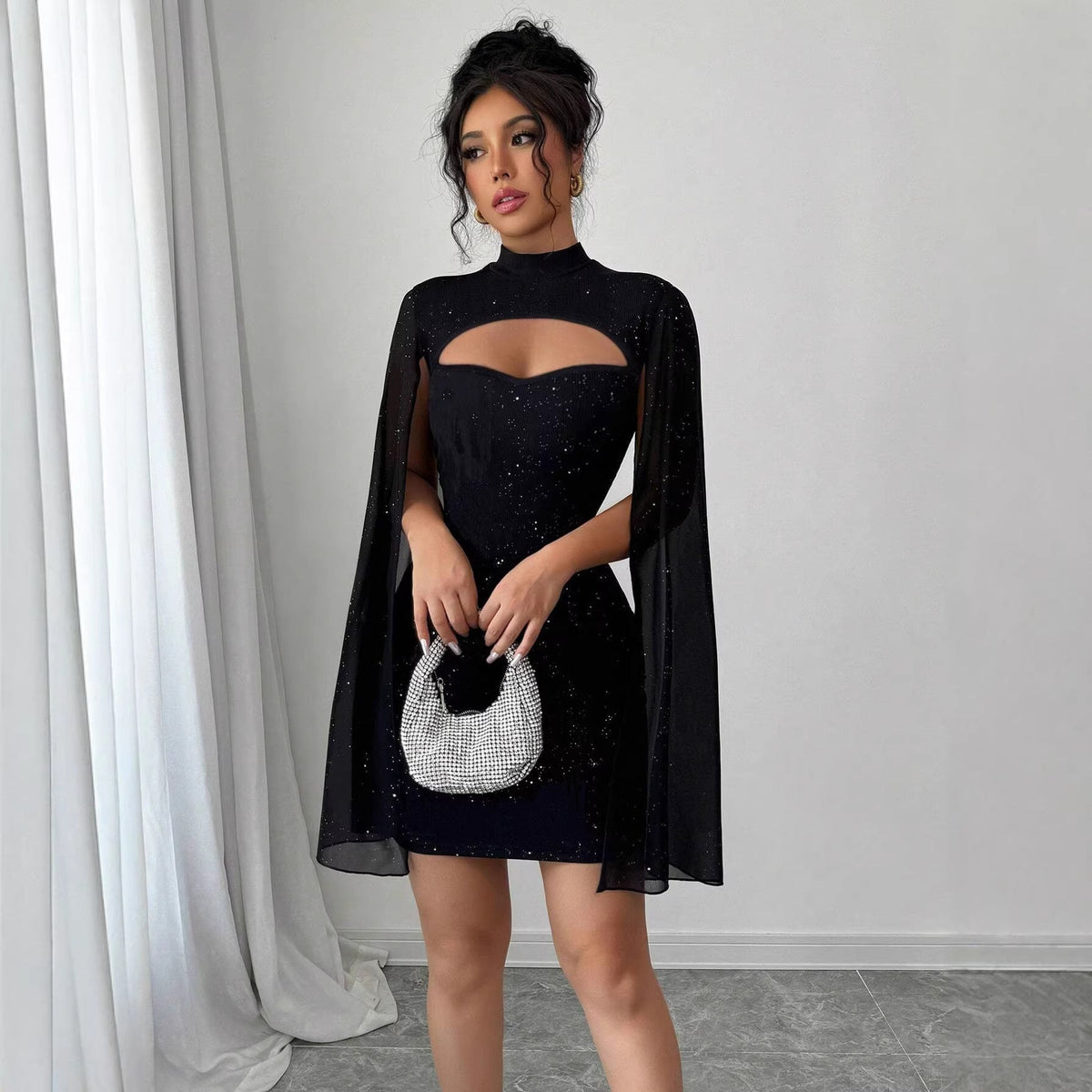 Women Clothing round Neck Sunken Stripe Pearl Chiffon Cape Sheath Dress for Women  DestGlow