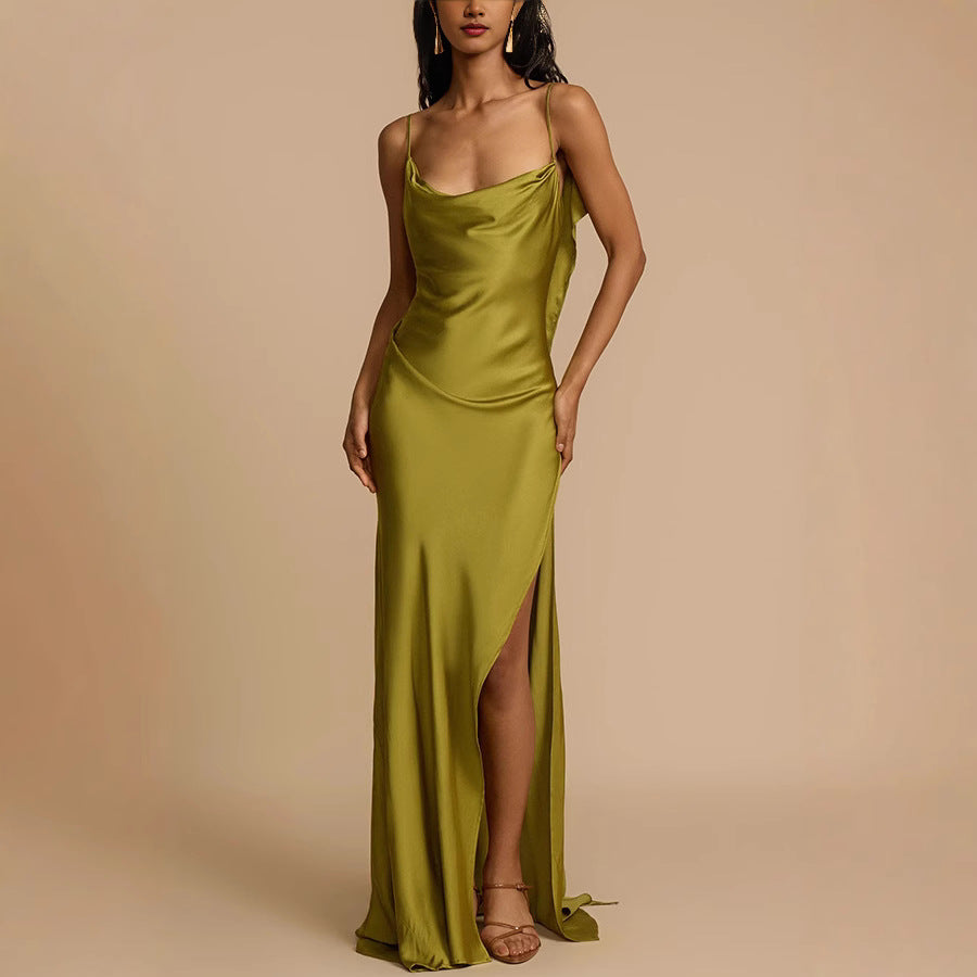 Spring Summer Suspender Split Dress Casual Loose Vacation Satin Dress by Ragazza