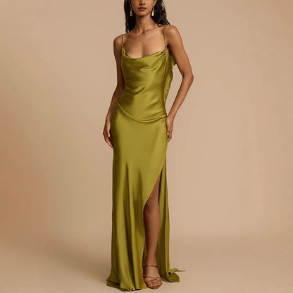 Spring Summer Suspender Split Dress Casual Loose Vacation Satin Dress by Ragazza