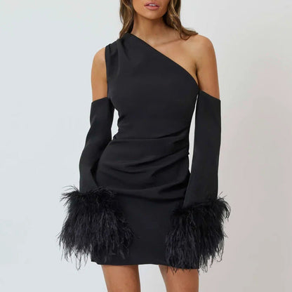 Arrival Sexy Slim Fit Dress One Shoulder Design Stitching Horn Furry Sleeves Short Dress by Ragazza