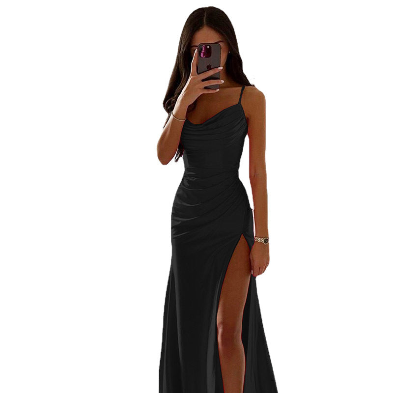 Women Spring Tube Top Pleated Slit Satin Dress Sexy Slim Hip Dress by Ragazza