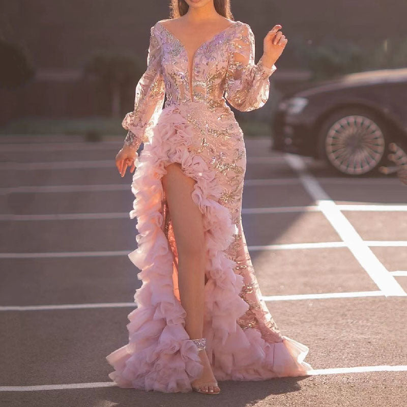 Fall Women Clothing Sexy Mesh Trailing Sequined Split Pink Evening Dress by Ragazza
