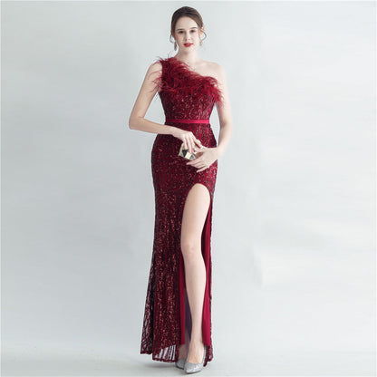 Heavy Industry Ostrich Hair Craft Bundle Hair Oblique Shoulder Side Slit High End Evening Dress by Ragazza