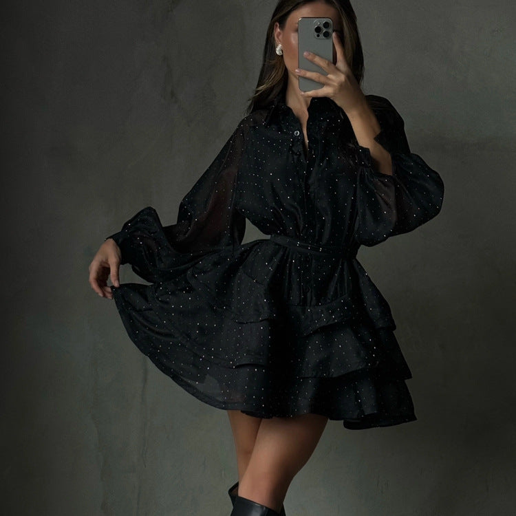 Casual Black Rhimestone A line Dress Women Clothing Autumn Polo Collar Long Sleeve High Waist Bubble Dress by Ragazza