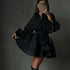 Casual Black Rhimestone A line Dress Women Clothing Autumn Polo Collar Long Sleeve High Waist Bubble Dress by Ragazza
