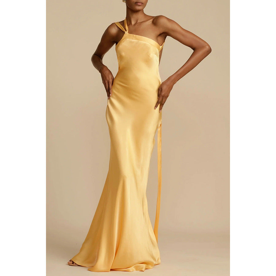 Spring Summer Party Slim Fit Oblique Shoulder Dress Casual Satin Dress by Ragazza