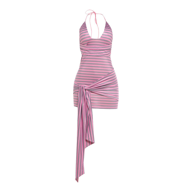 Summer Women Clothing Sexy Halter Backless Striped Printed Sexy Sheath Dress  DestGlow