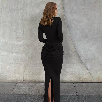 Women Clothing Autumn Winter Slim round Neck Solid Color Fold Split Long Sleeve Elegant Dress for Women by Ragazza